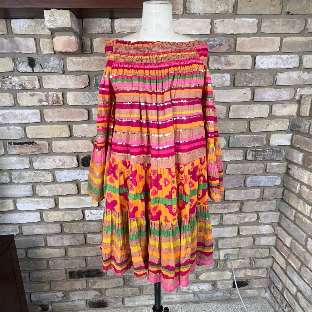 MISS JUNE PARIS off the shoulder colorful striped Panama mini dress
